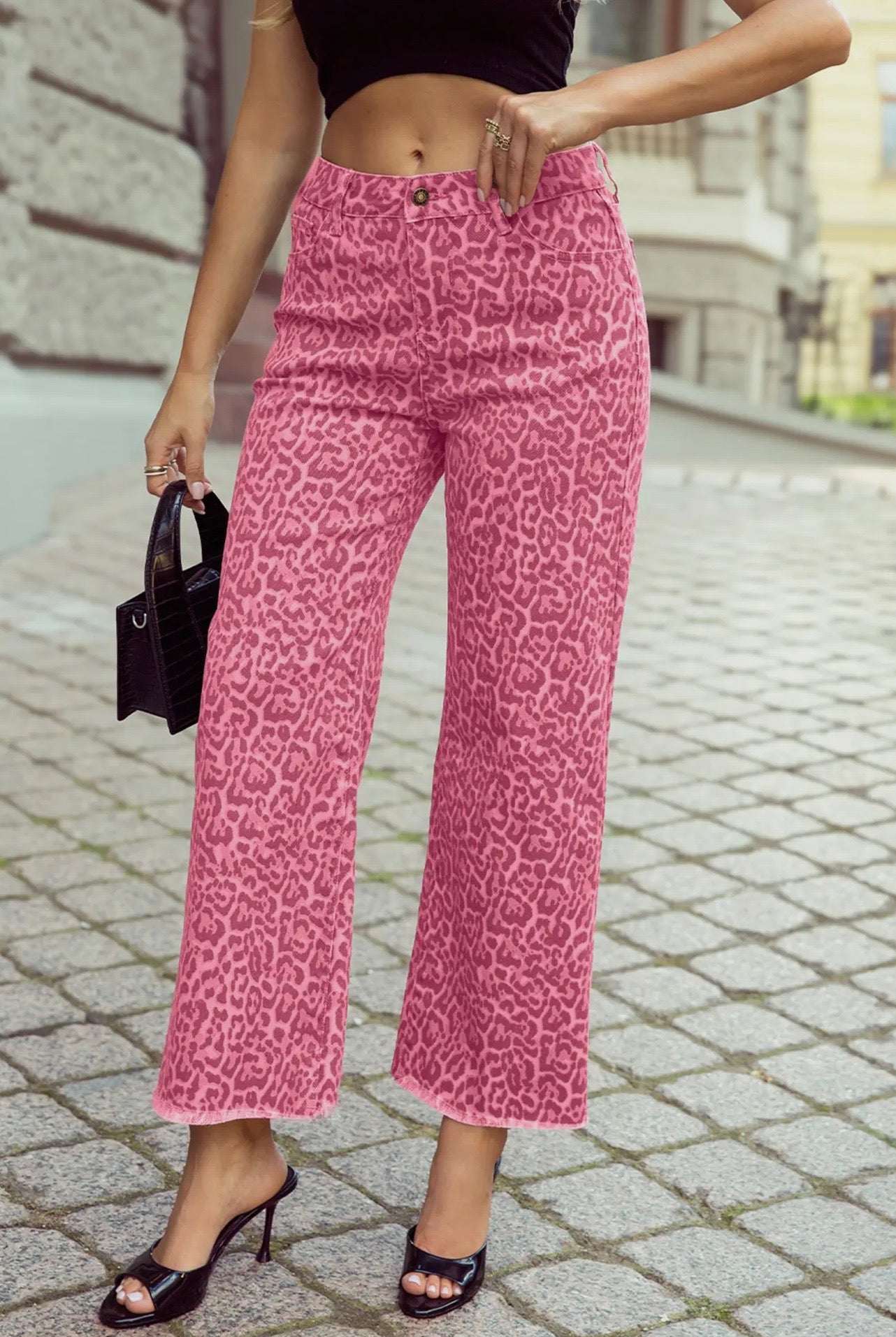 Leopard Frayed High Waist Jeans (PINK)