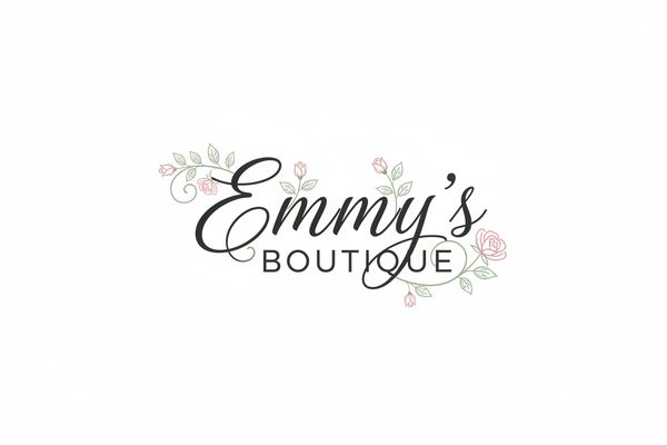 Emmy's boutique logo wrote in cursive with floral accent